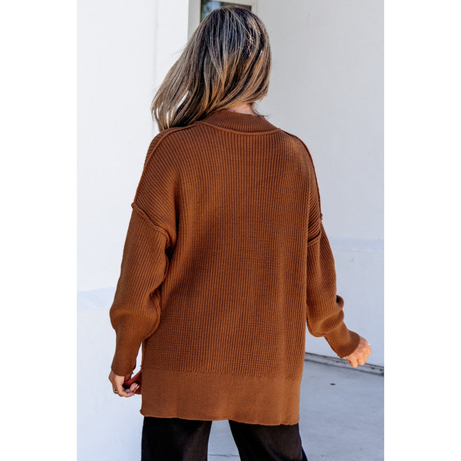 Chestnut Long Sleeve Ribbed Knit Stand Neck Regular Fit Sweater Sweaters & Cardigans/Sweaters