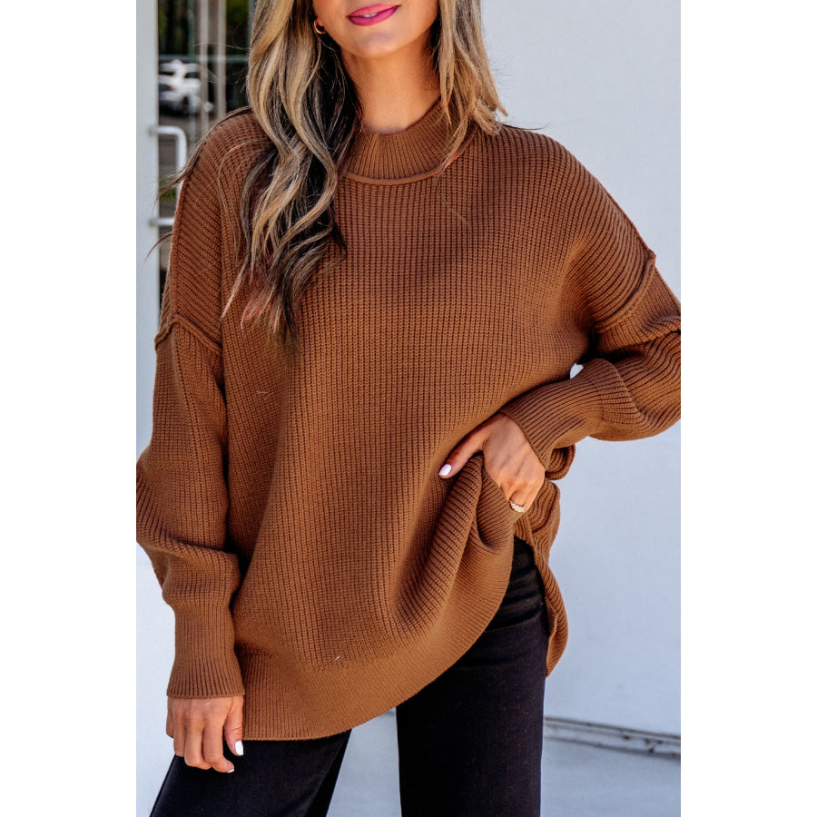 Chestnut Long Sleeve Ribbed Knit Stand Neck Regular Fit Sweater Sweaters & Cardigans/Sweaters
