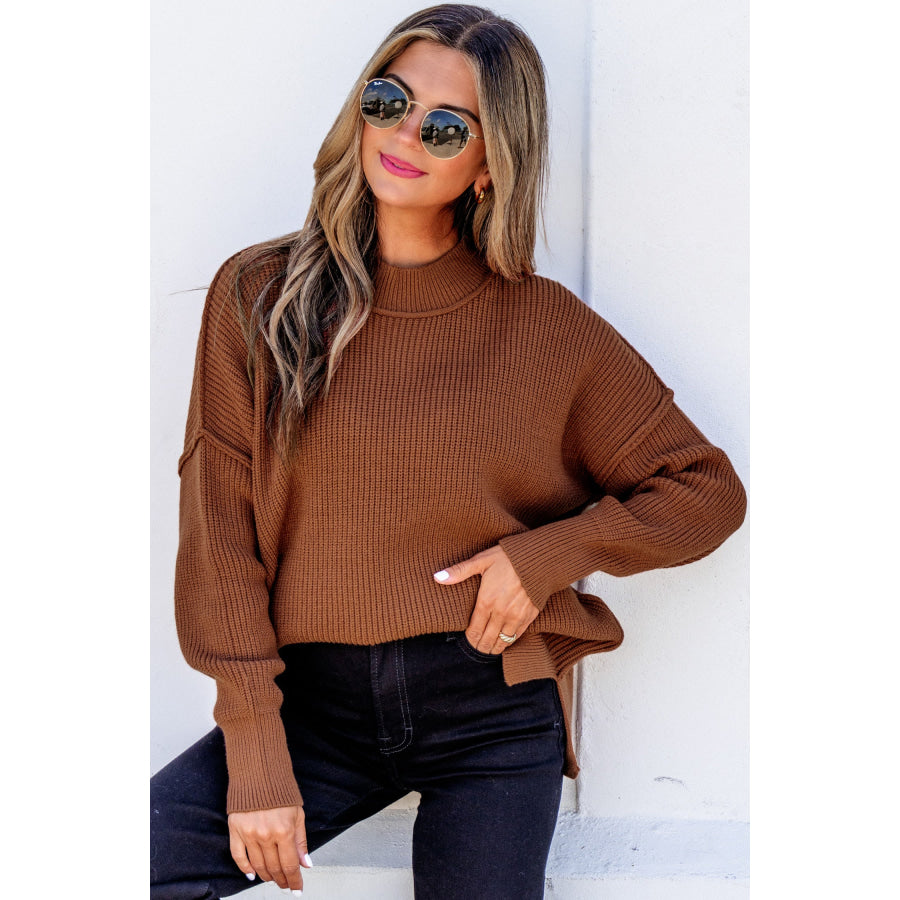 Chestnut Long Sleeve Ribbed Knit Stand Neck Regular Fit Sweater Sweaters & Cardigans/Sweaters