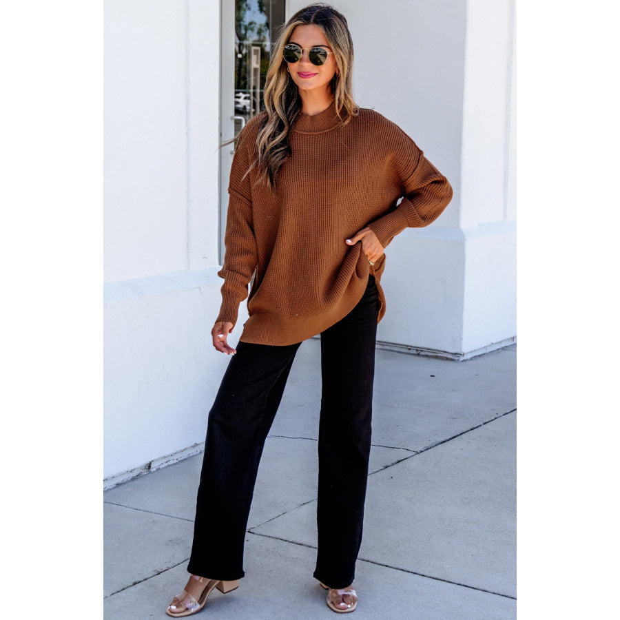 Chestnut Long Sleeve Ribbed Knit Stand Neck Regular Fit Sweater Sweaters & Cardigans/Sweaters
