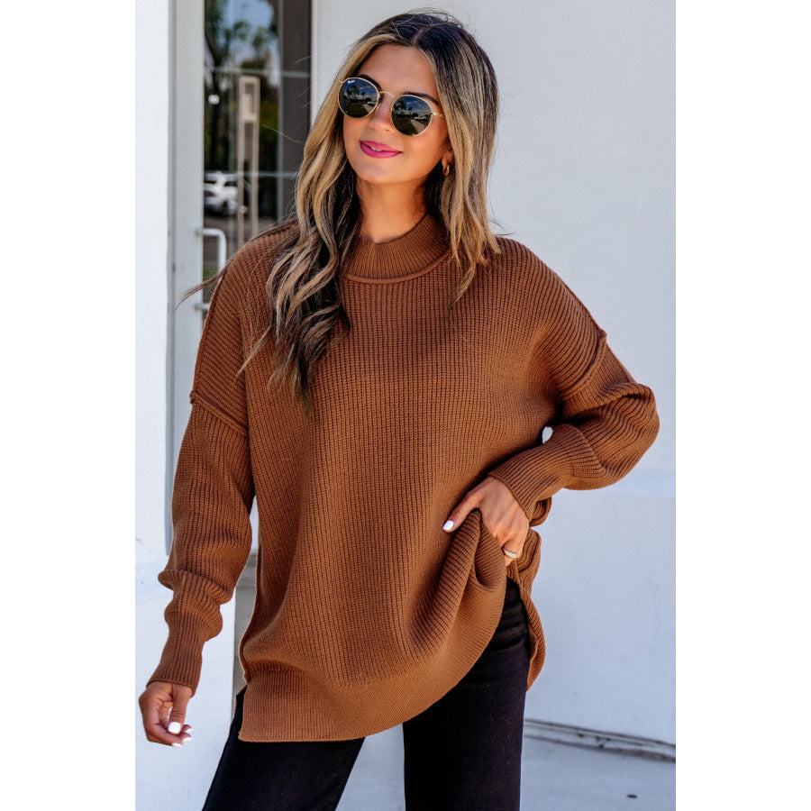 Chestnut Long Sleeve Ribbed Knit Stand Neck Regular Fit Sweater Sweaters & Cardigans/Sweaters
