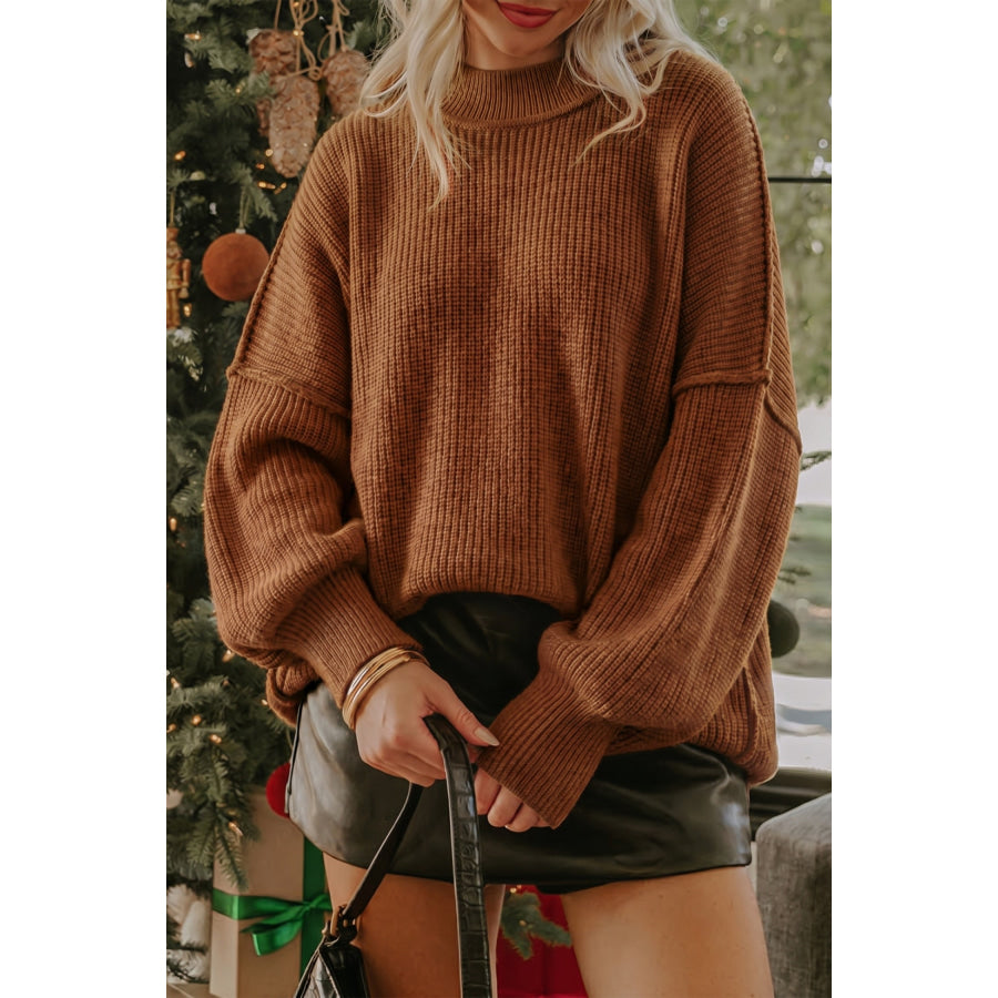 Chestnut Long Sleeve Ribbed Knit Stand Neck Regular Fit Sweater Sweaters & Cardigans/Sweaters
