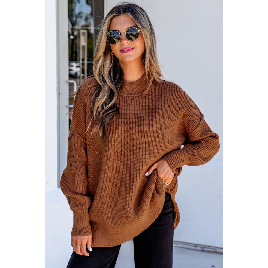 Chestnut Long Sleeve Ribbed Knit Stand Neck Regular Fit Sweater Sweaters & Cardigans/Sweaters