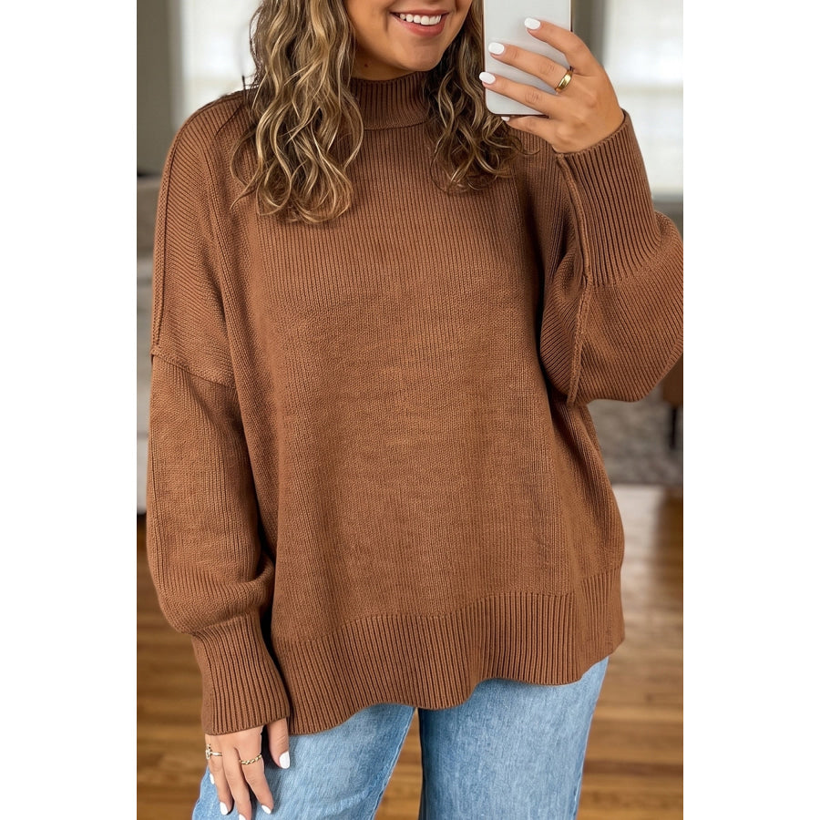 Chestnut Oversized Ribbed Knit Long Sleeve Tunic Plus Size Sweater Chestnut / 1X Plus Size/Plus Size Sweaters & Cardigans