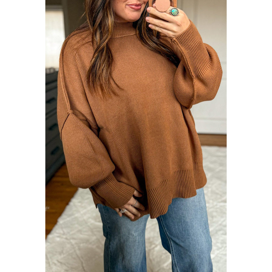 Chestnut Oversized Ribbed Knit Long Sleeve Tunic Plus Size Sweater Plus Size/Plus Size Sweaters & Cardigans