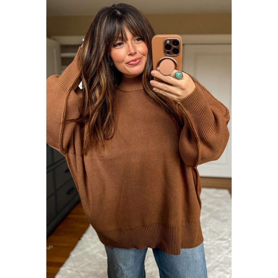 Chestnut Oversized Ribbed Knit Long Sleeve Tunic Plus Size Sweater Plus Size/Plus Size Sweaters & Cardigans