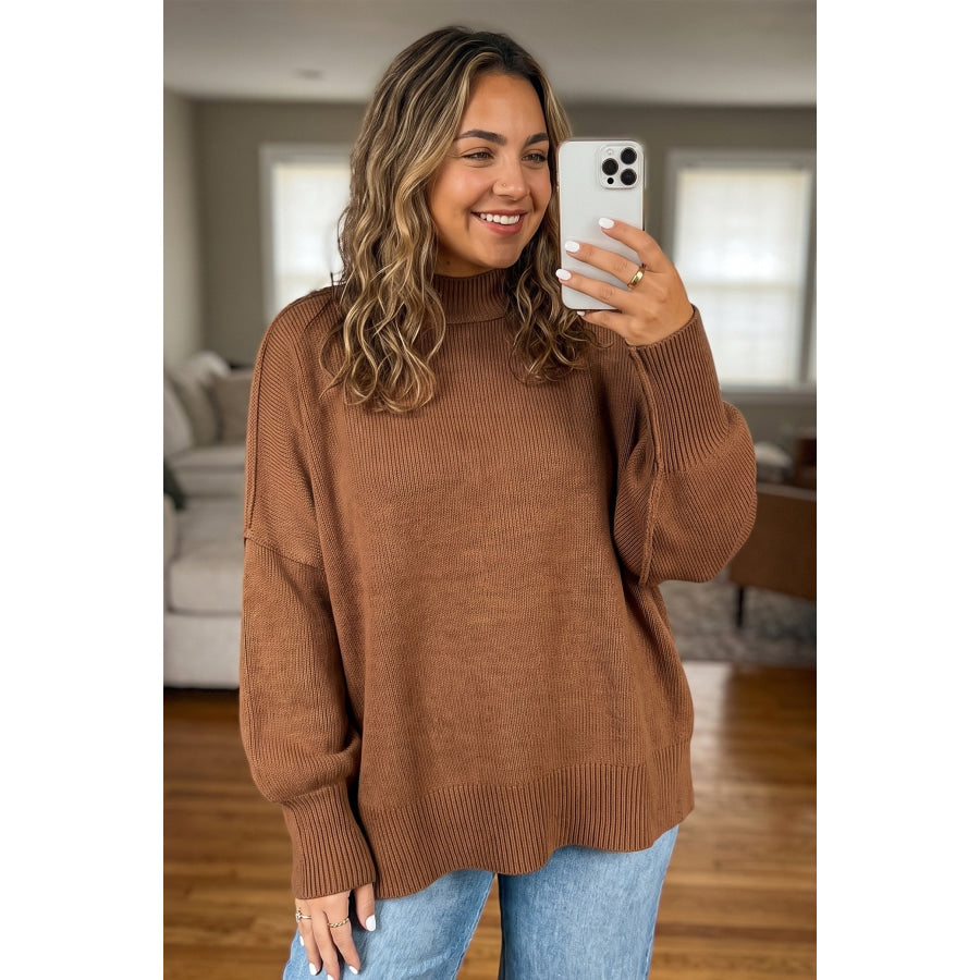 Chestnut Oversized Ribbed Knit Long Sleeve Tunic Plus Size Sweater Plus Size/Plus Size Sweaters & Cardigans