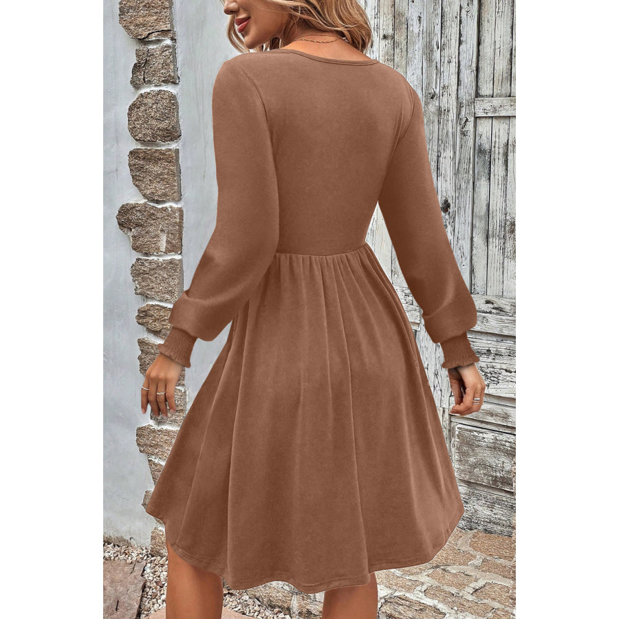 Chestnut Shirred Cuff Long Sleeve Button Round Neck Mini Dress Dresses/Mini Dresses