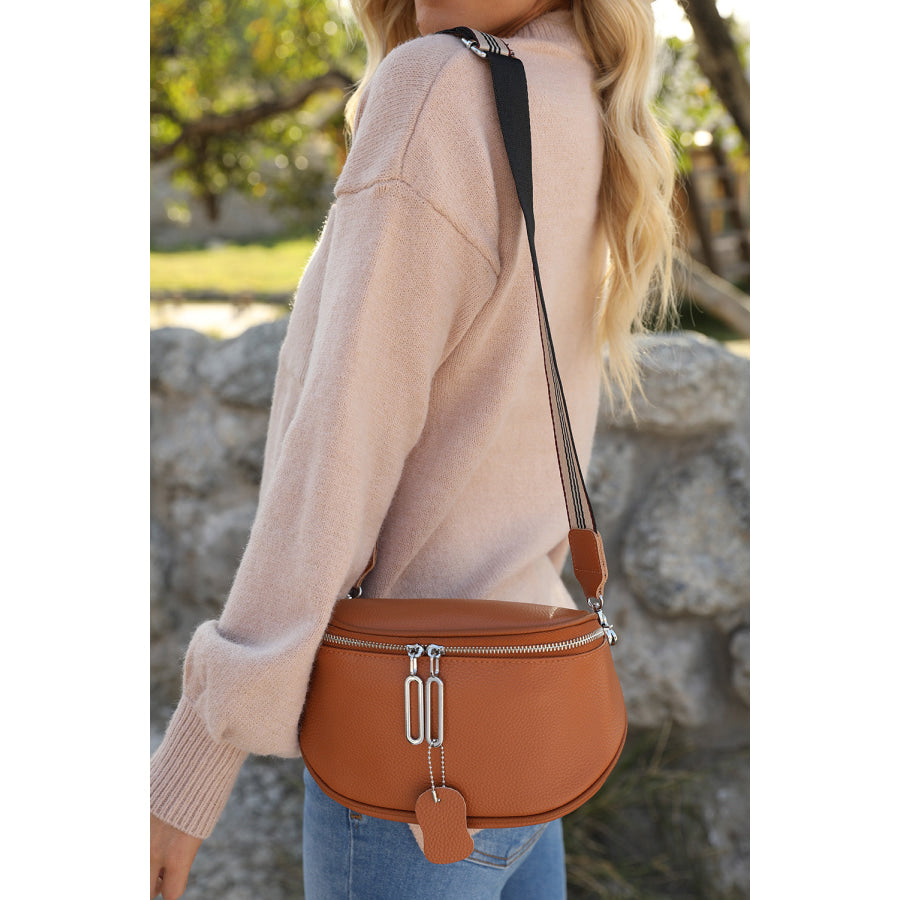 Chestnut Striped Strap Zipper PU Leather Crossbody Bag Chestnut / ONE SIZE / 95% PU + 5% Alloy Shoes &amp; Bags/Crossbody Bags