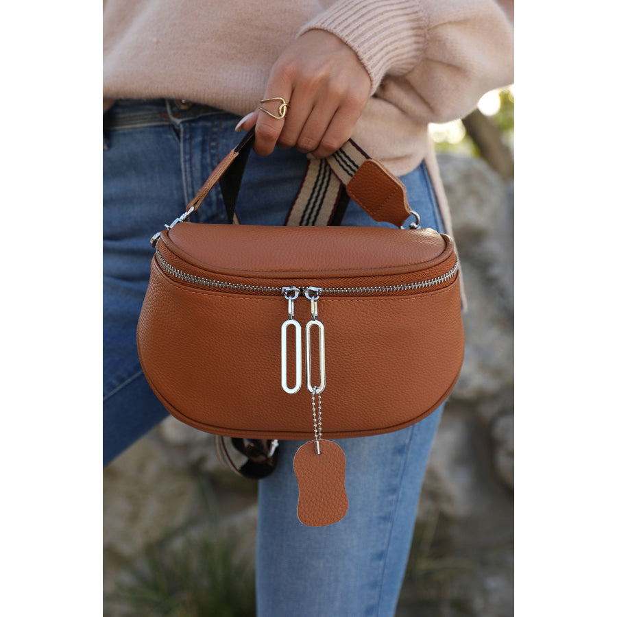 Chestnut Striped Strap Zipper PU Leather Crossbody Bag Chestnut / ONE SIZE / 95% PU + 5% Alloy Shoes &amp; Bags/Crossbody Bags