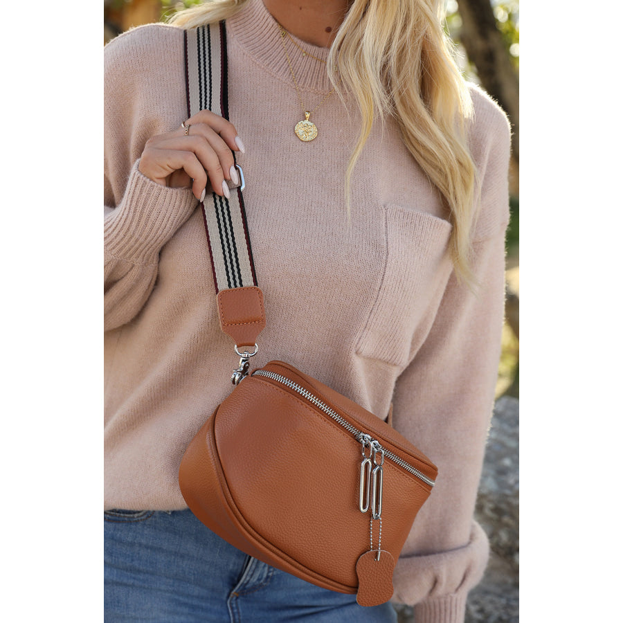 Chestnut Striped Strap Zipper PU Leather Crossbody Bag Chestnut / ONE SIZE / 95% PU + 5% Alloy Shoes &amp; Bags/Crossbody Bags