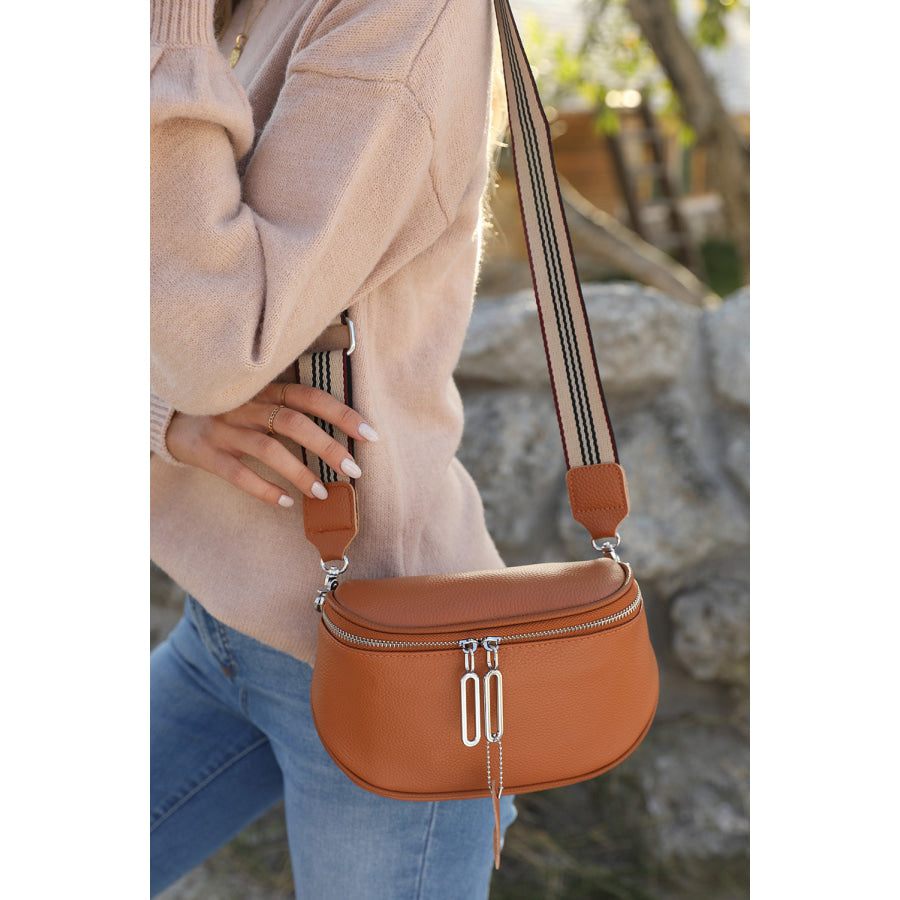 Chestnut Striped Strap Zipper PU Leather Crossbody Bag Chestnut / ONE SIZE / 95% PU + 5% Alloy Shoes &amp; Bags/Crossbody Bags