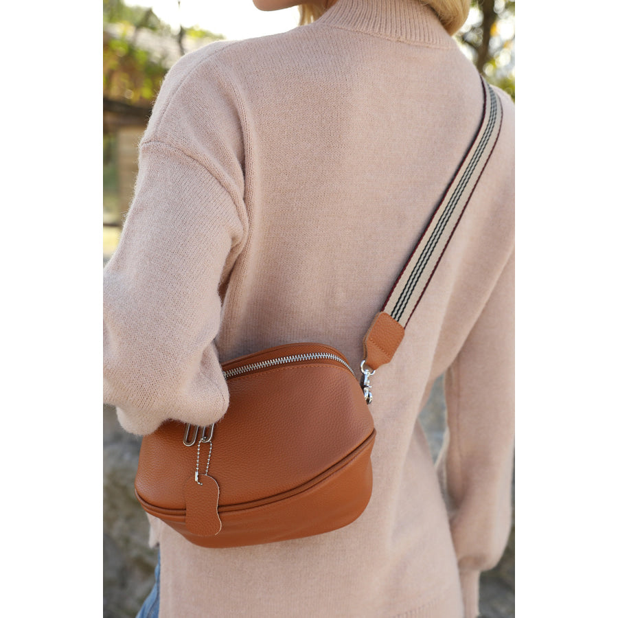 Chestnut Striped Strap Zipper PU Leather Crossbody Bag Chestnut / ONE SIZE / 95% PU + 5% Alloy Shoes &amp; Bags/Crossbody Bags