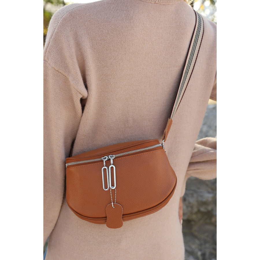 Chestnut Striped Strap Zipper PU Leather Crossbody Bag Chestnut / ONE SIZE / 95% PU + 5% Alloy Shoes &amp; Bags/Crossbody Bags