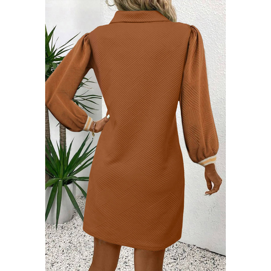 Chestnut Textured Contrast Striped Split Neck Long Sleeve Shift Mini Dress Dresses/Mini Dresses