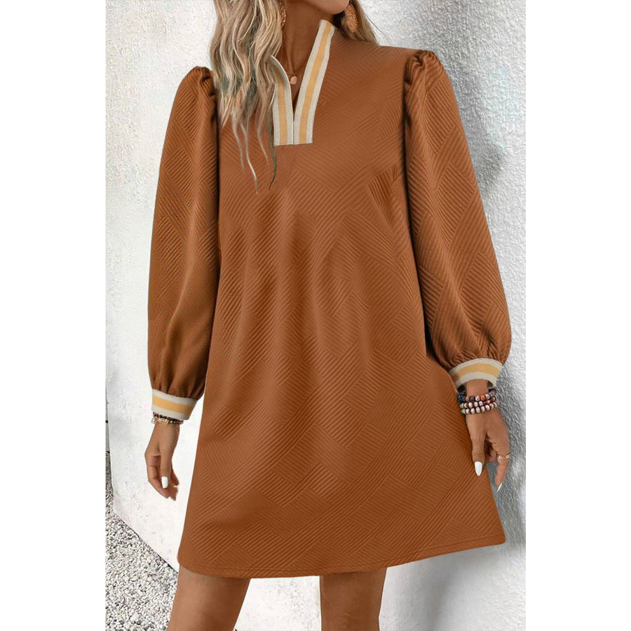 Chestnut Textured Contrast Striped Split Neck Long Sleeve Shift Mini Dress Chestnut / S / 97% Polyester + 3% Elastane Dresses/Mini Dresses