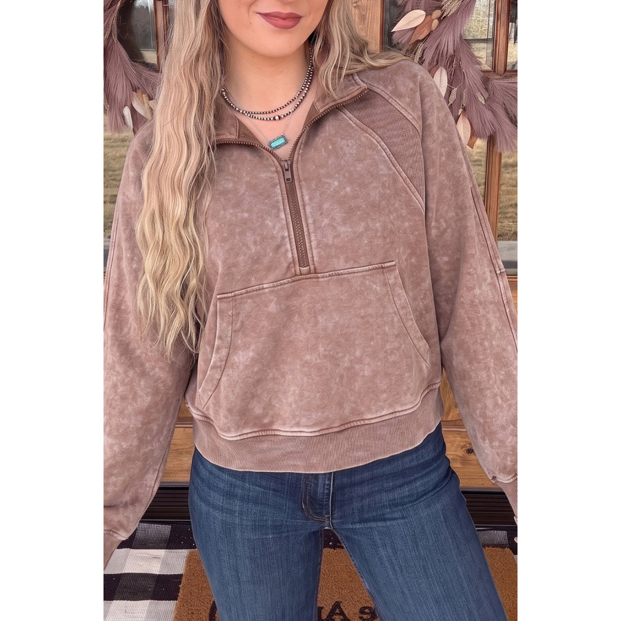 Chestnut Vintage Half-Zip Long Sleeve Ribbed Cuffs Hem Shift Silhouette Sweatshirt / S / 80% Cotton + 20% Polyester Tops/Sweatshirts &