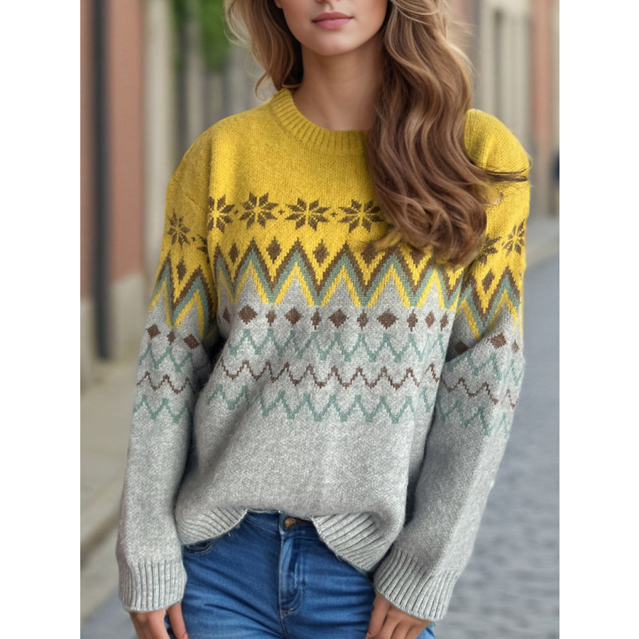 Chevron Contrast Round Neck Long Sleeve Sweater Apparel and Accessories