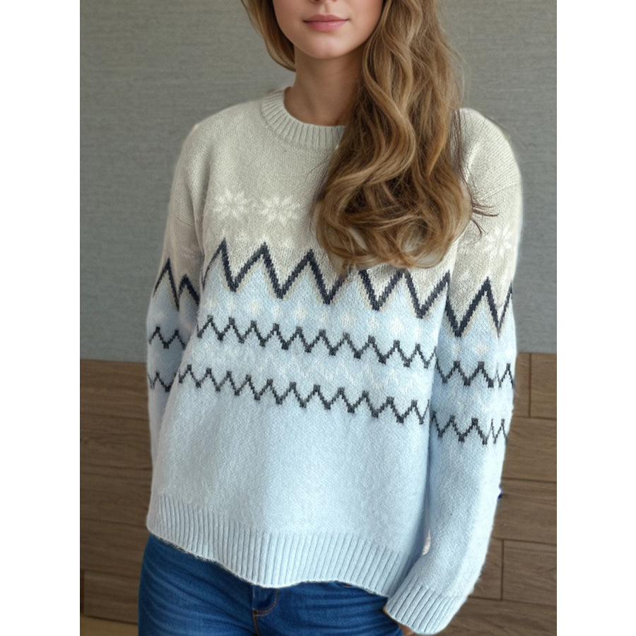 Chevron Contrast Round Neck Long Sleeve Sweater Apparel and Accessories