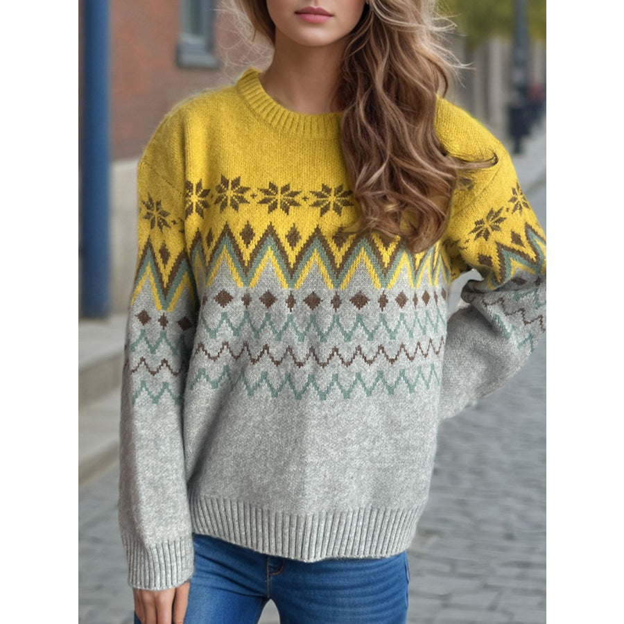 Chevron Contrast Round Neck Long Sleeve Sweater Apparel and Accessories