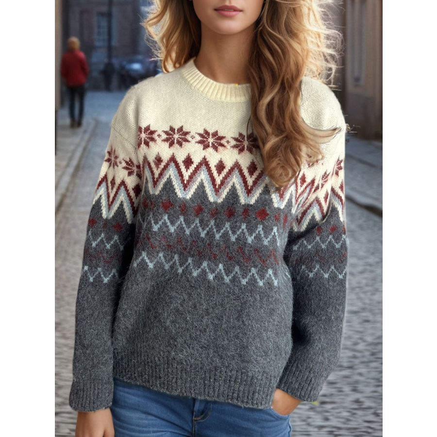 Chevron Contrast Round Neck Long Sleeve Sweater Apparel and Accessories