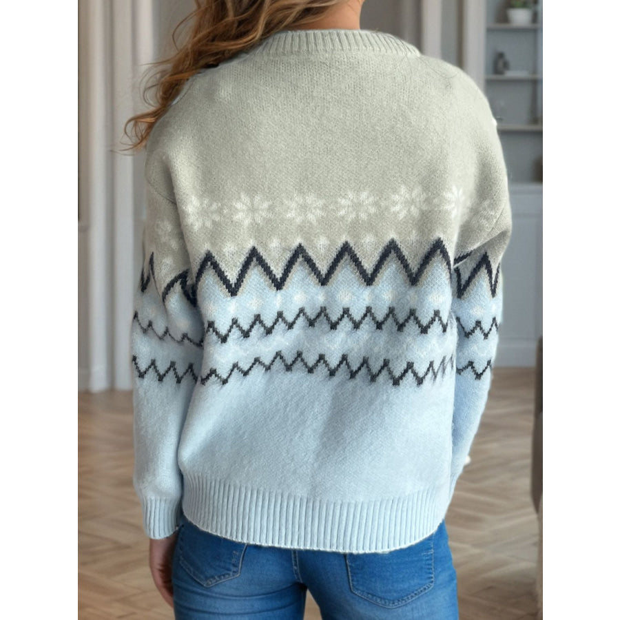 Chevron Contrast Round Neck Long Sleeve Sweater Apparel and Accessories