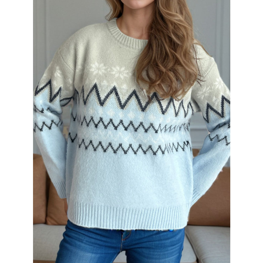 Chevron Contrast Round Neck Long Sleeve Sweater Apparel and Accessories