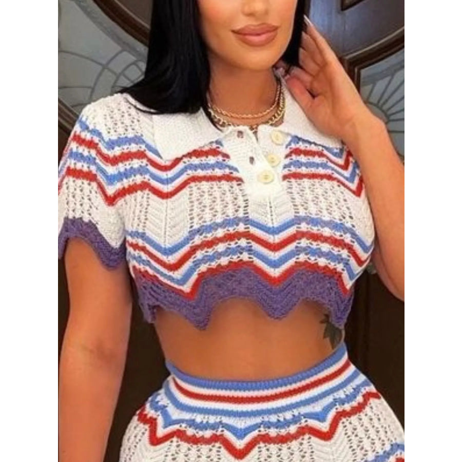 Chevron Knit Polo Crop Top and Mini Skirt Set Apparel and Accessories