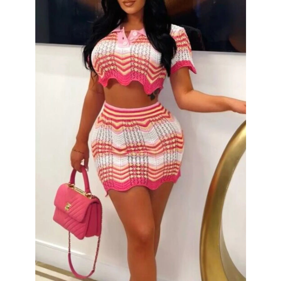 Chevron Knit Polo Crop Top and Mini Skirt Set Apparel and Accessories