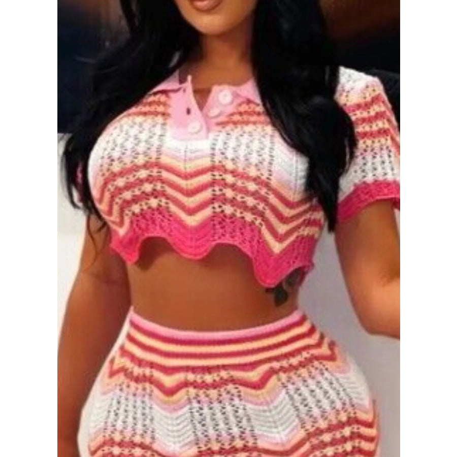 Chevron Knit Polo Crop Top and Mini Skirt Set Rose Red Stripe / S Apparel and Accessories