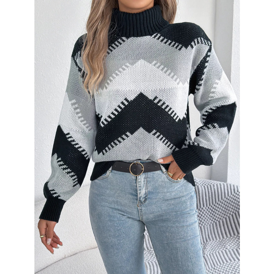 Chevron Pattern Turtleneck Sweater Black / S Apparel and Accessories