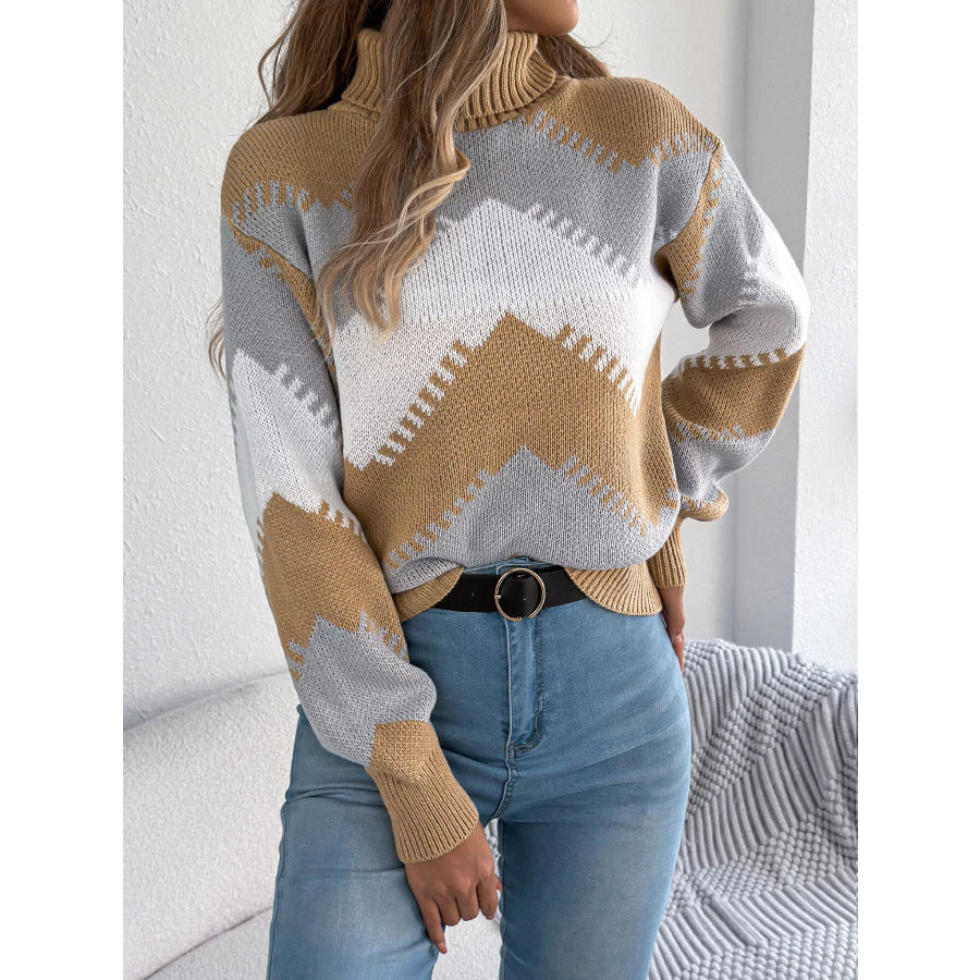 Chevron Pattern Turtleneck Sweater Khaki Color / S Apparel and Accessories