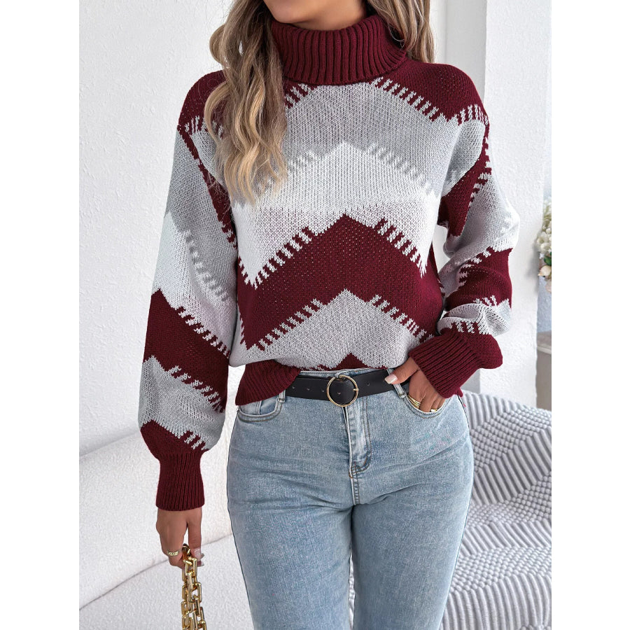Chevron Pattern Turtleneck Sweater Wine Red / S Apparel and Accessories