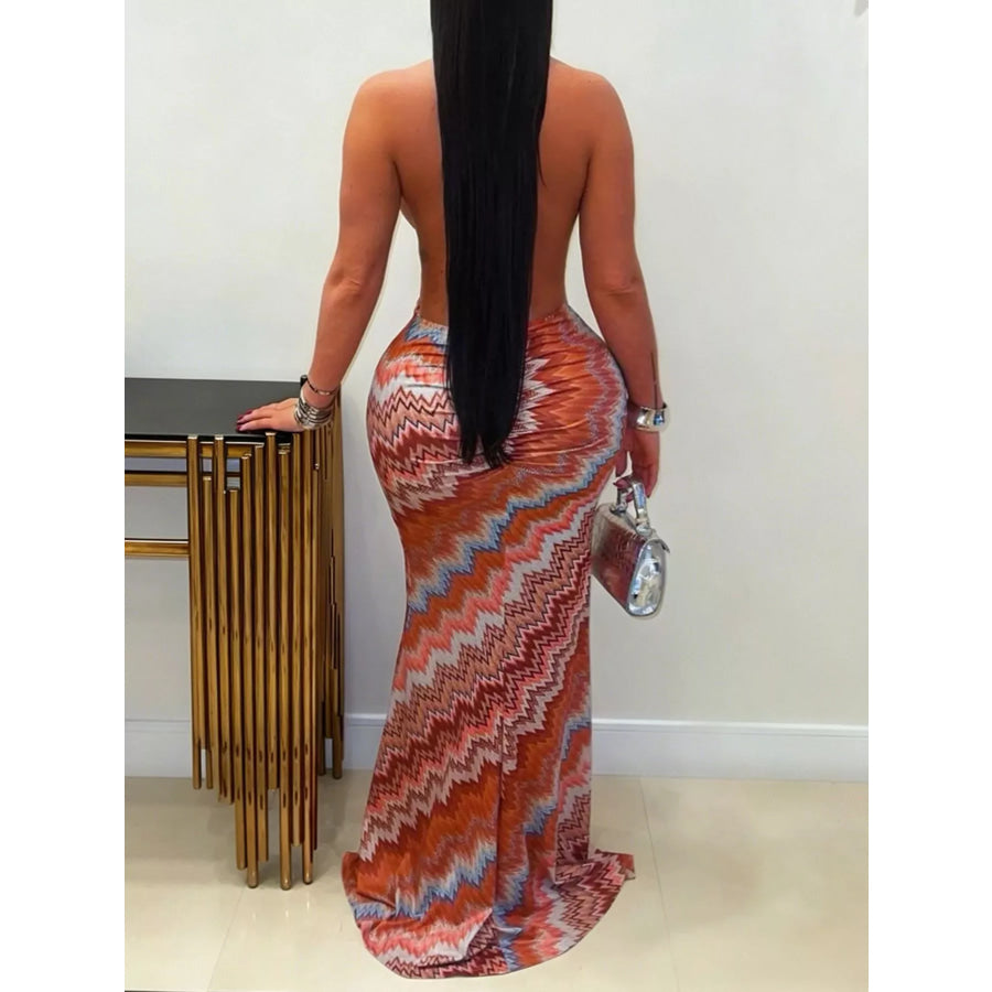 Chevron Print Halter Neck Cut-Out Maxi Dress Apparel and Accessories