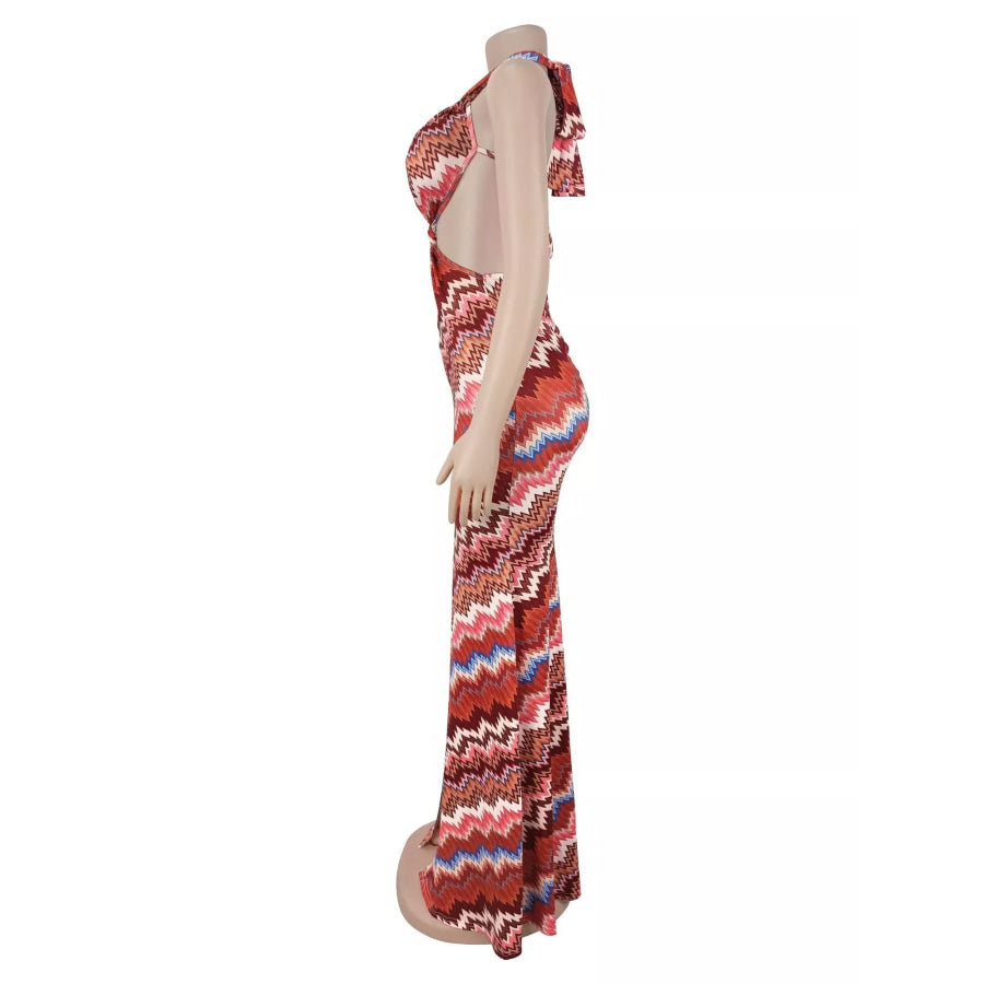 Chevron Print Halter Neck Cut-Out Maxi Dress Apparel and Accessories