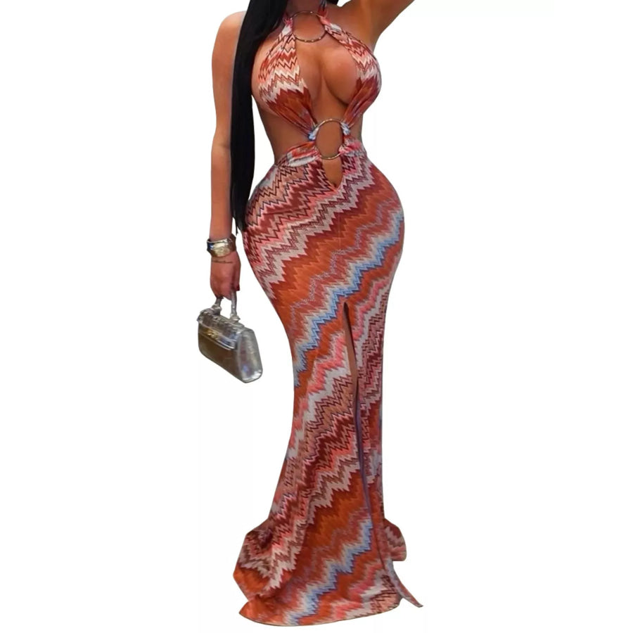 Chevron Print Halter Neck Cut-Out Maxi Dress Apparel and Accessories