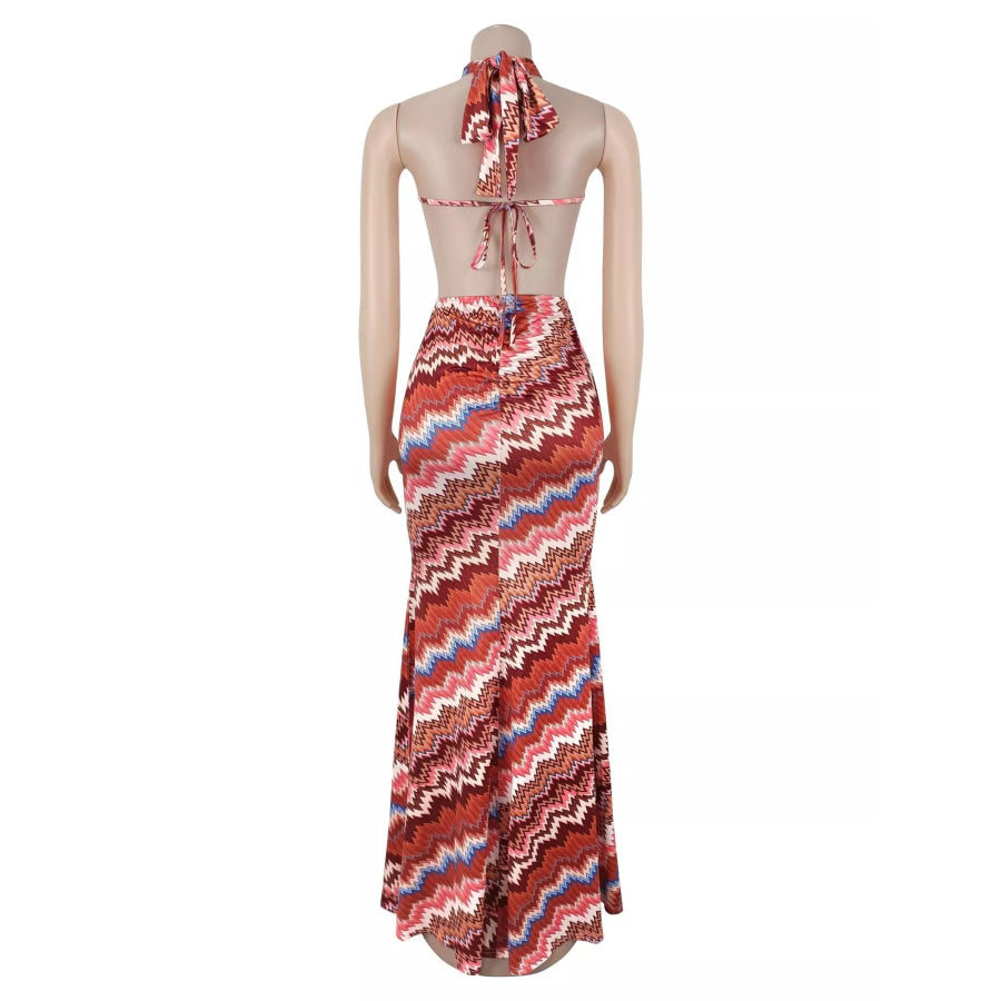 Chevron Print Halter Neck Cut-Out Maxi Dress Apparel and Accessories