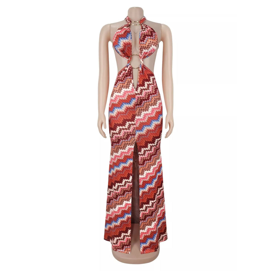 Chevron Print Halter Neck Cut-Out Maxi Dress Apparel and Accessories