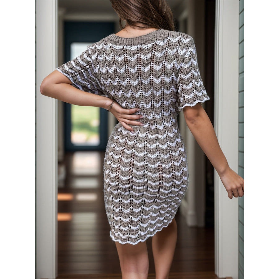 Chevron Round Neck Short Sleeve Knit Dress Apparel and Accessories