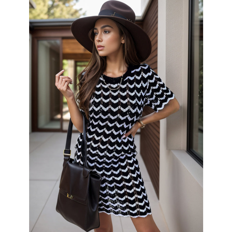 Chevron Round Neck Short Sleeve Knit Dress Apparel and Accessories