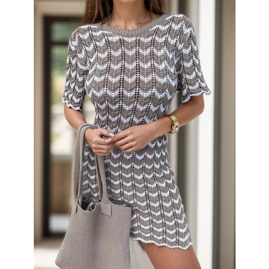 Chevron Round Neck Short Sleeve Knit Dress Mocha / S Apparel and Accessories