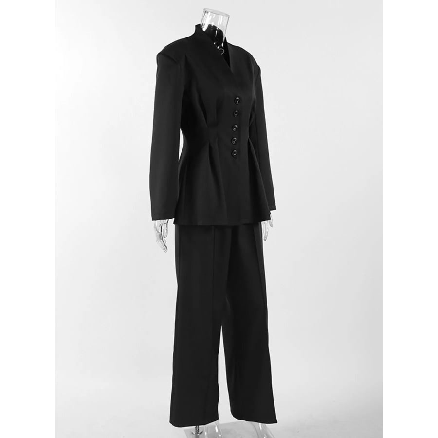 Chic Button Down Pleated Blazer and Wide-Leg Pants Suit Set Apparel and Accessories