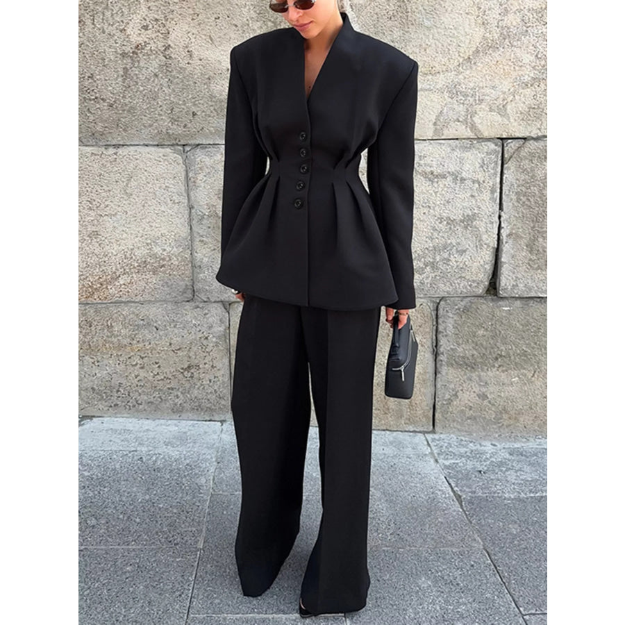 Chic Button Down Pleated Blazer and Wide-Leg Pants Suit Set Apparel and Accessories