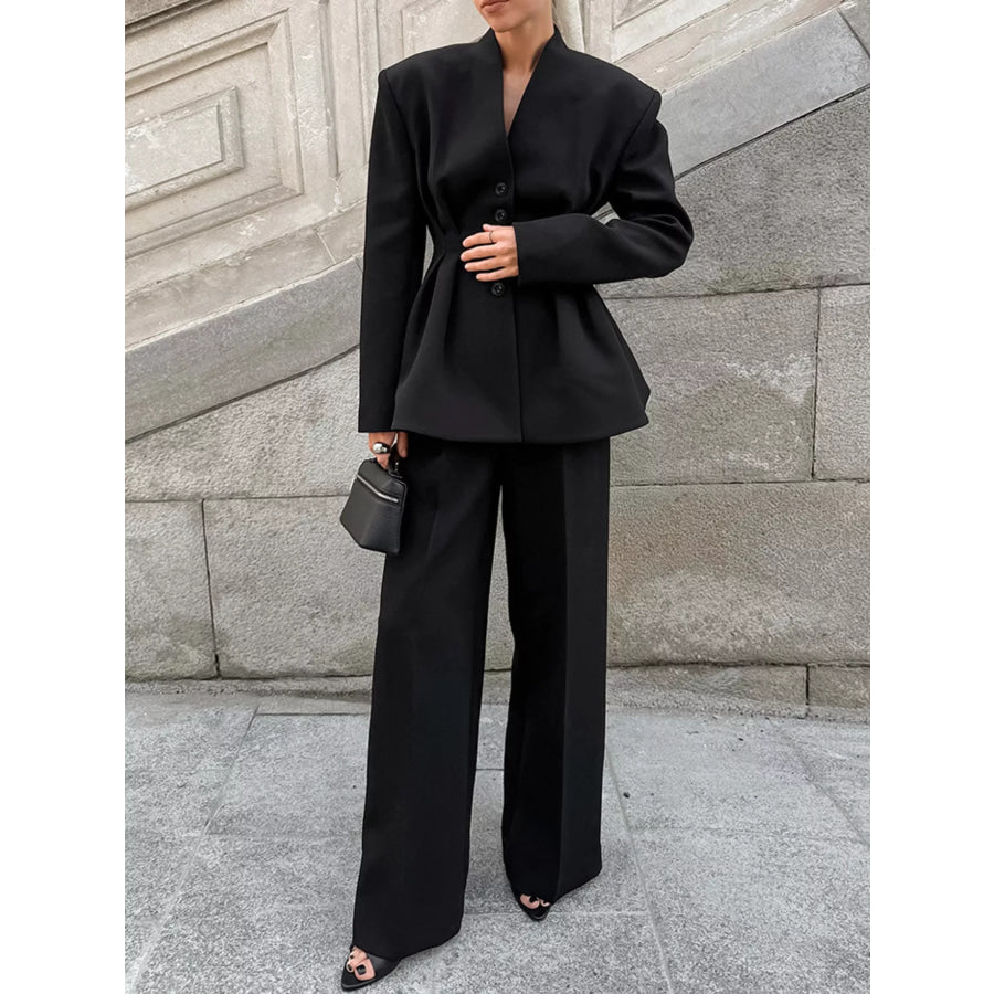 Chic Button Down Pleated Blazer and Wide-Leg Pants Suit Set Apparel and Accessories