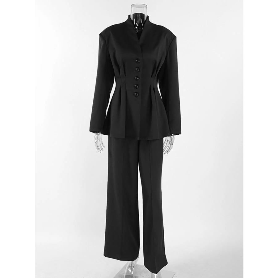 Chic Button Down Pleated Blazer and Wide-Leg Pants Suit Set Apparel and Accessories