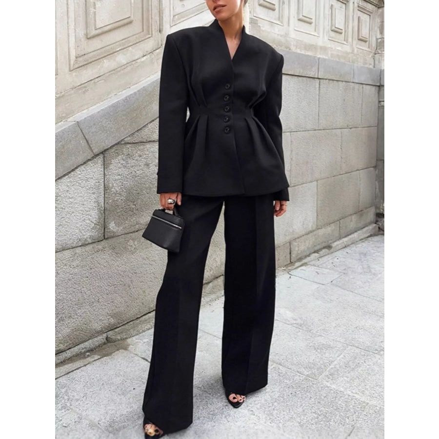 Chic Button Down Pleated Blazer and Wide-Leg Pants Suit Set Apparel and Accessories