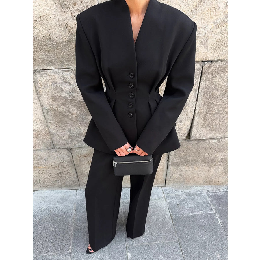 Chic Button Down Pleated Blazer and Wide-Leg Pants Suit Set Apparel and Accessories