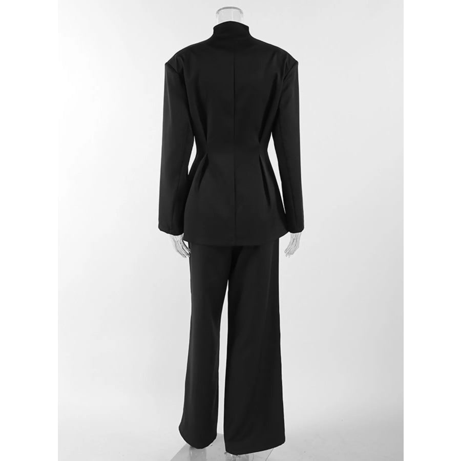 Chic Button Down Pleated Blazer and Wide-Leg Pants Suit Set Apparel and Accessories