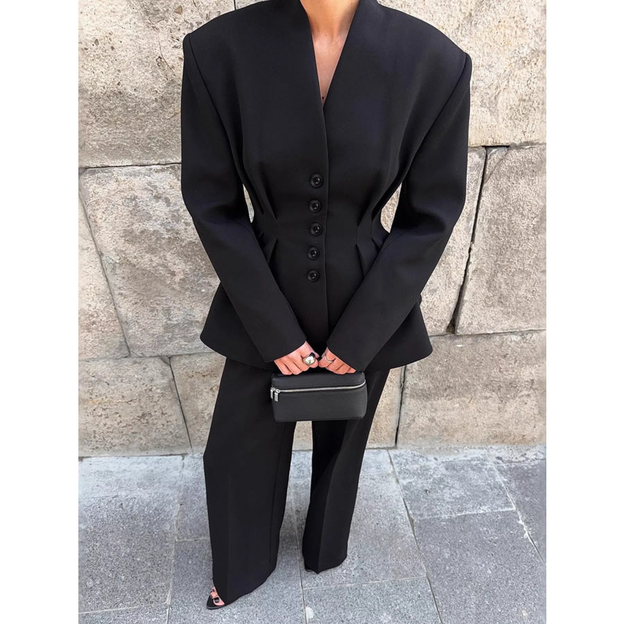 Chic Button Down Pleated Blazer and Wide-Leg Pants Suit Set Black / S Apparel and Accessories