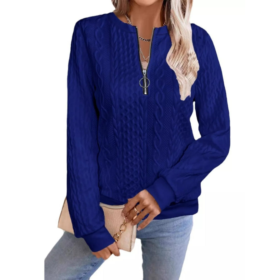 Chic Cable Texture Quarter-Zip Sweatshirt Apparel and Accessories